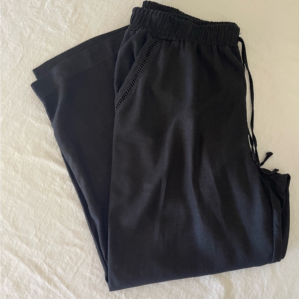 Briggs Black Linen Pull On Pants XL Pockets Wide Leg Comfortable